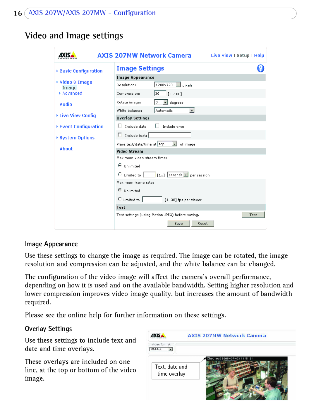 Axis Communications 207W user manual Video and Image settings, Image Appearance, Overlay Settings 