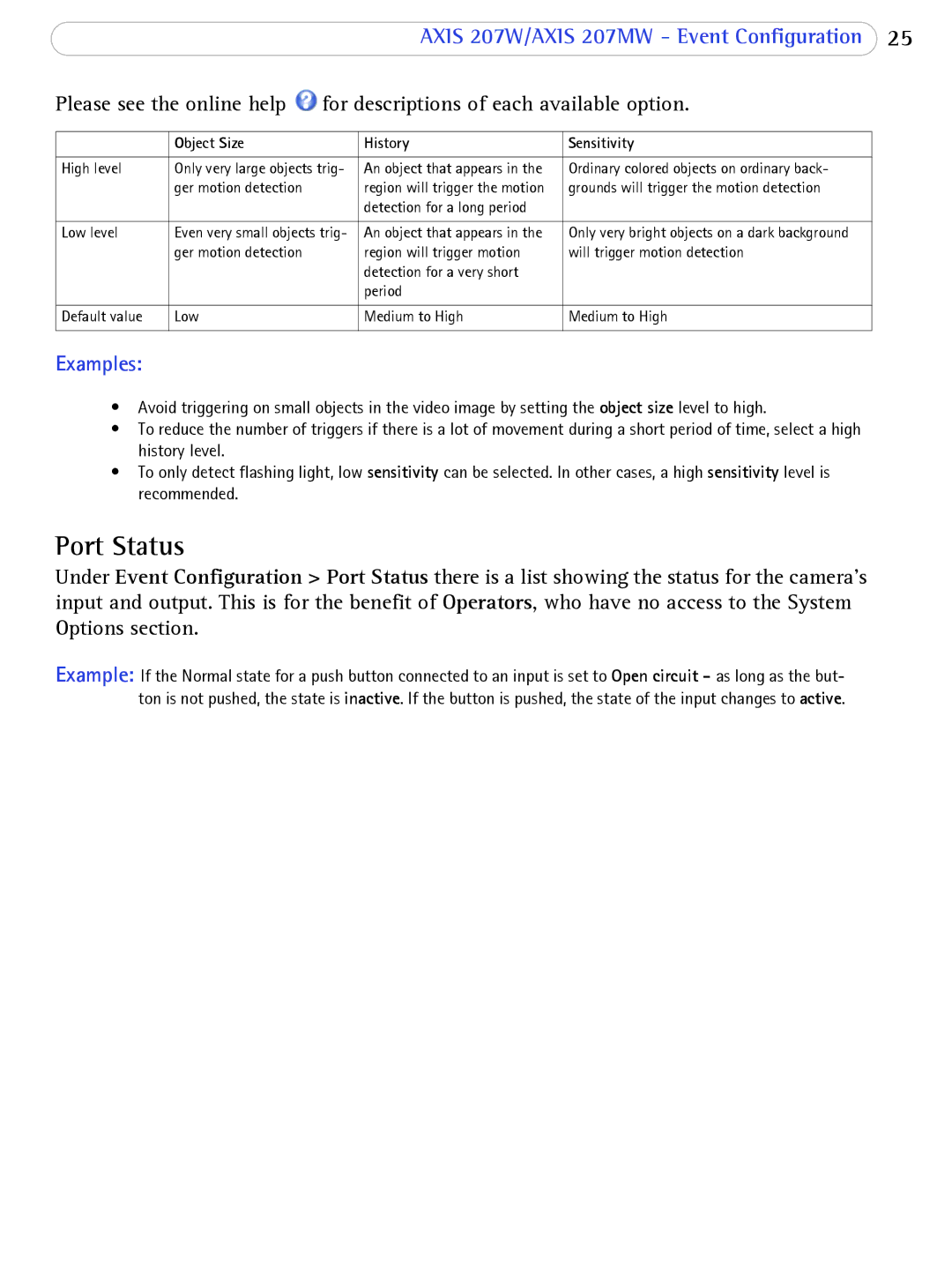 Axis Communications 207W user manual Port Status, Object Size History Sensitivity 