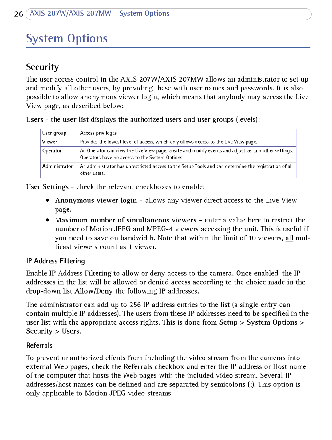 Axis Communications 207W user manual System Options, Security, IP Address Filtering, Referrals 