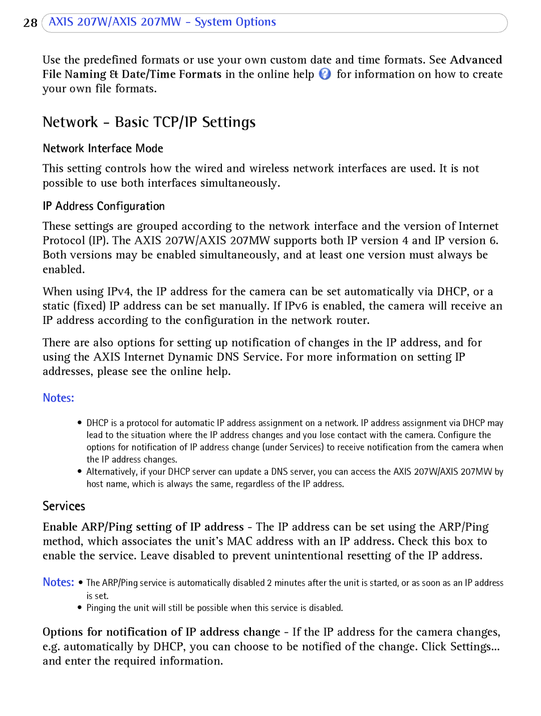 Axis Communications 207W user manual Network Basic TCP/IP Settings, Network Interface Mode, IP Address Configuration 