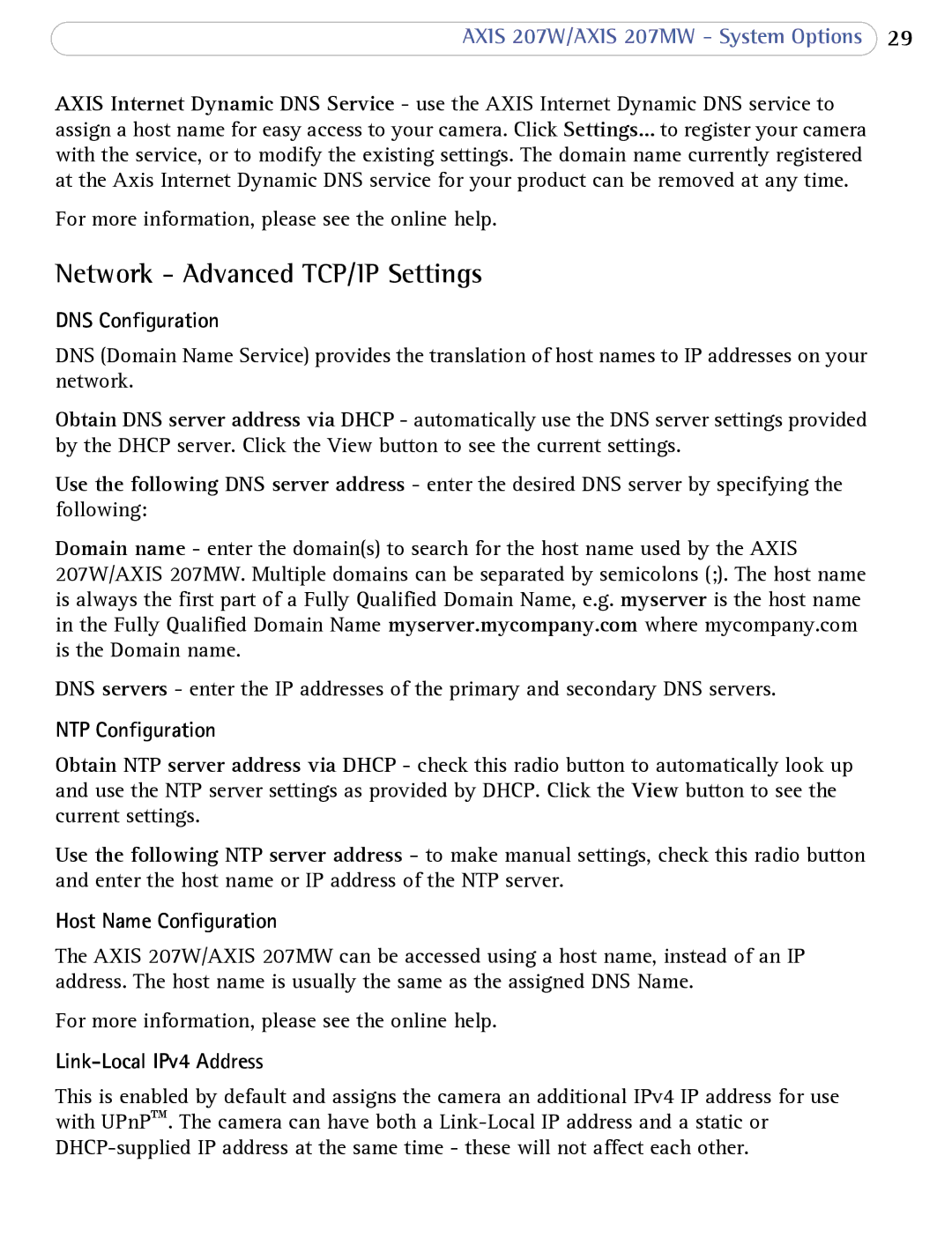 Axis Communications 207W Network Advanced TCP/IP Settings, DNS Configuration, NTP Configuration, Host Name Configuration 