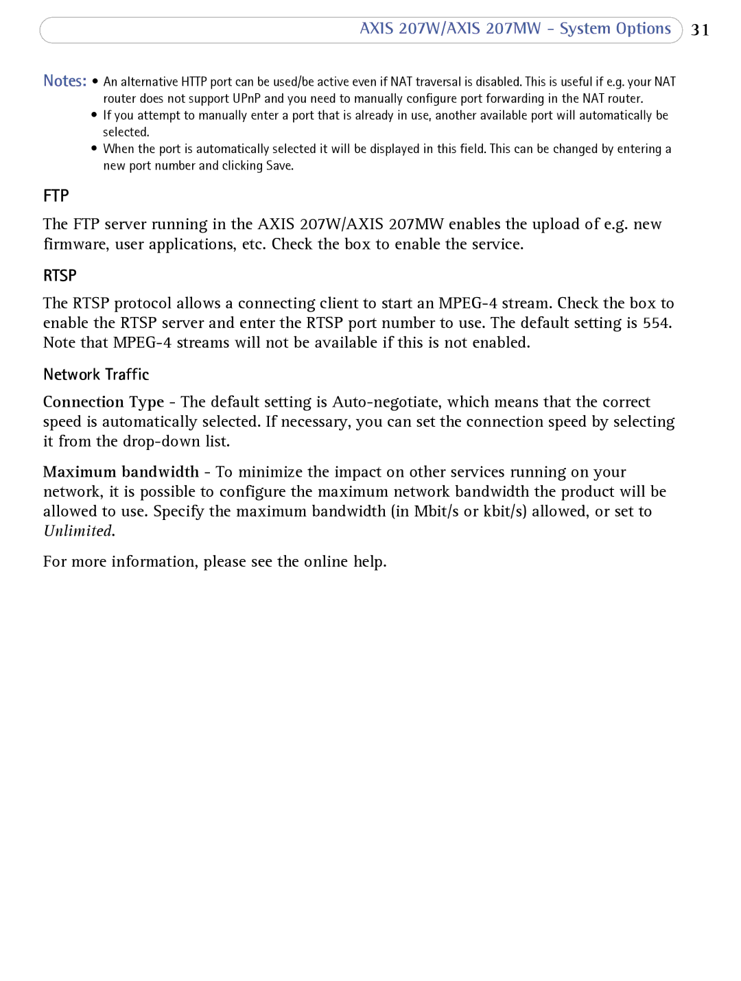 Axis Communications 207W user manual Ftp, Network Traffic 