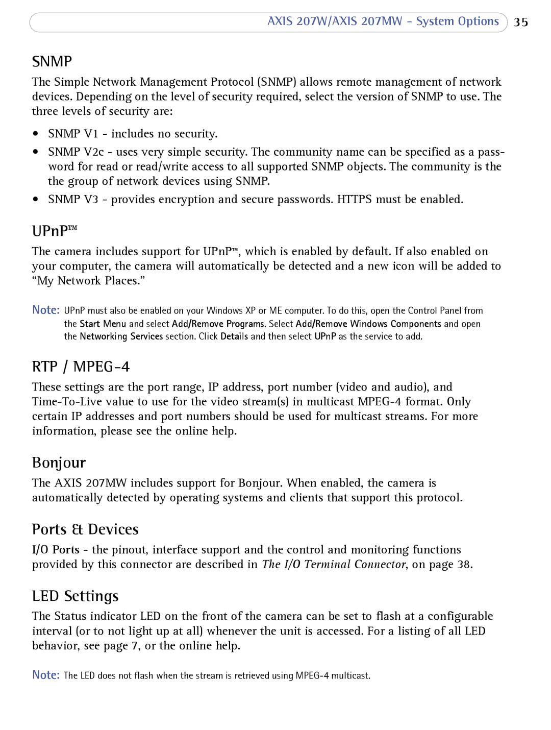 Axis Communications 207W user manual UPnP, Bonjour, Ports & Devices, LED Settings 