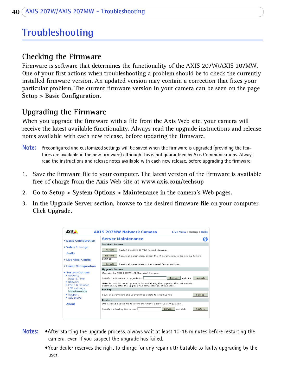 Axis Communications 207W Troubleshooting, Checking the Firmware, Upgrading the Firmware, Setup Basic Configuration 