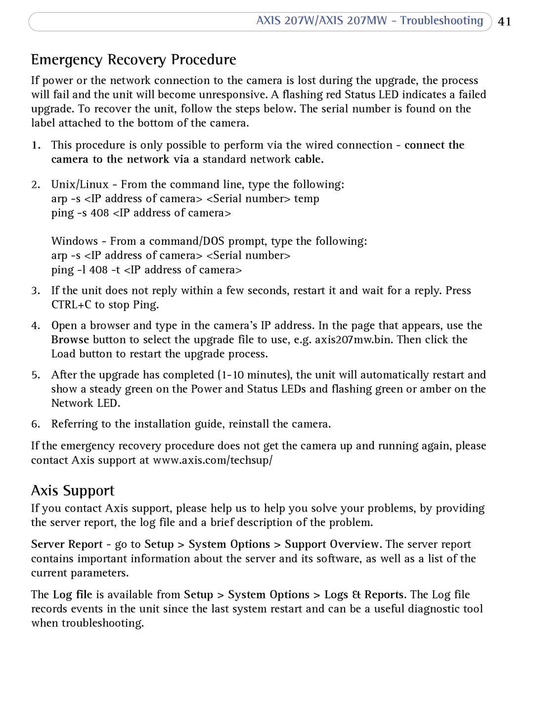 Axis Communications 207W user manual Emergency Recovery Procedure, Axis Support 