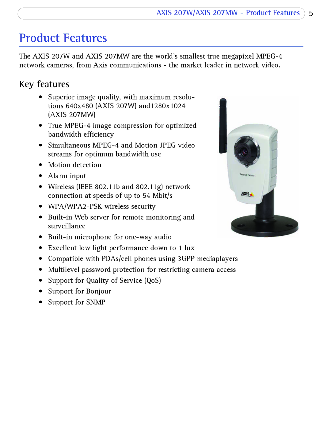 Axis Communications 207W user manual Product Features, Key features 