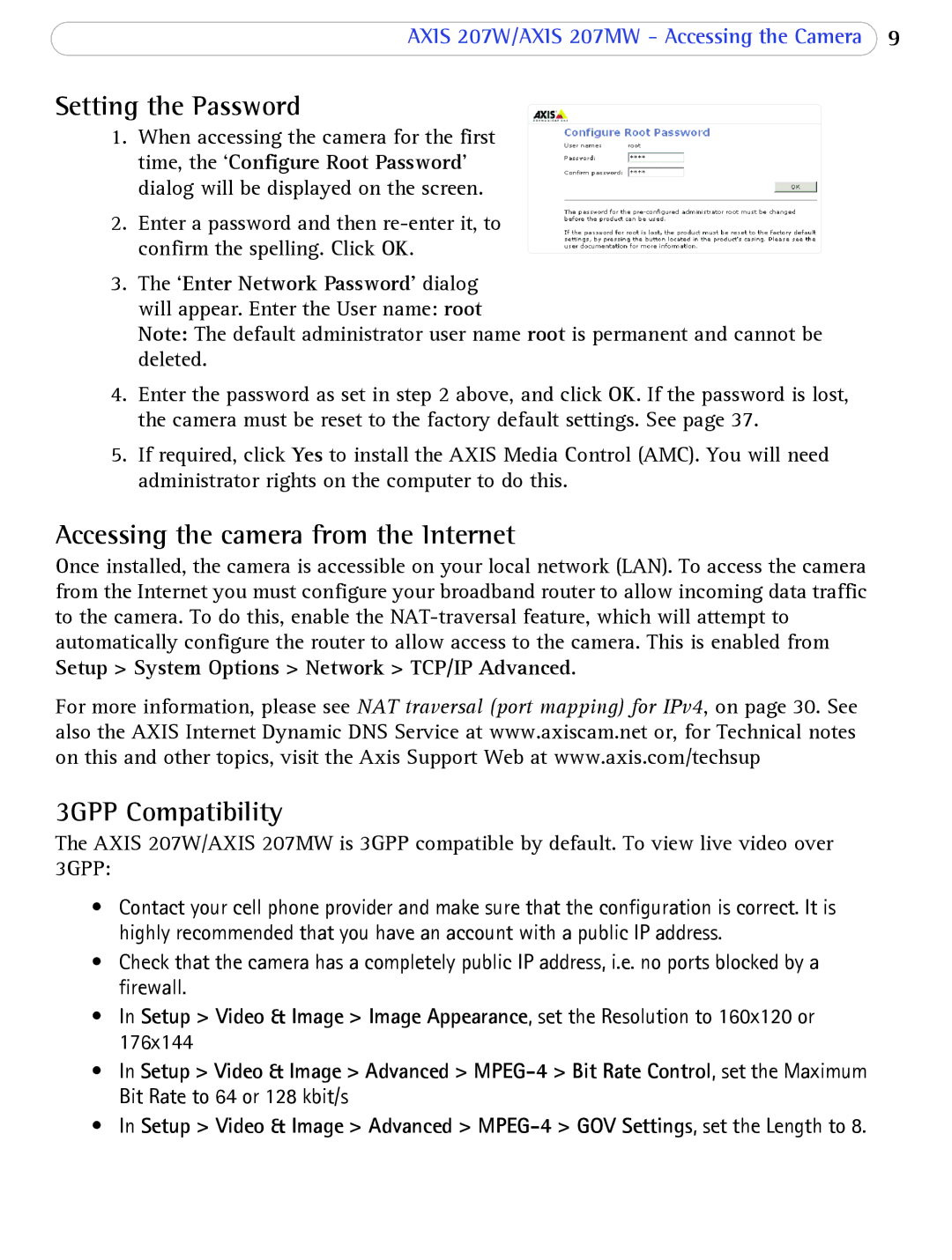 Axis Communications 207W user manual Setting the Password, Accessing the camera from the Internet, 3GPP Compatibility 