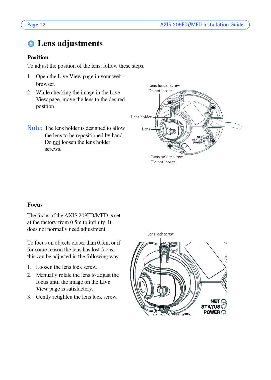 Axis Communications 209FD, 209MFD manual Lens adjustments, Position, Focus 