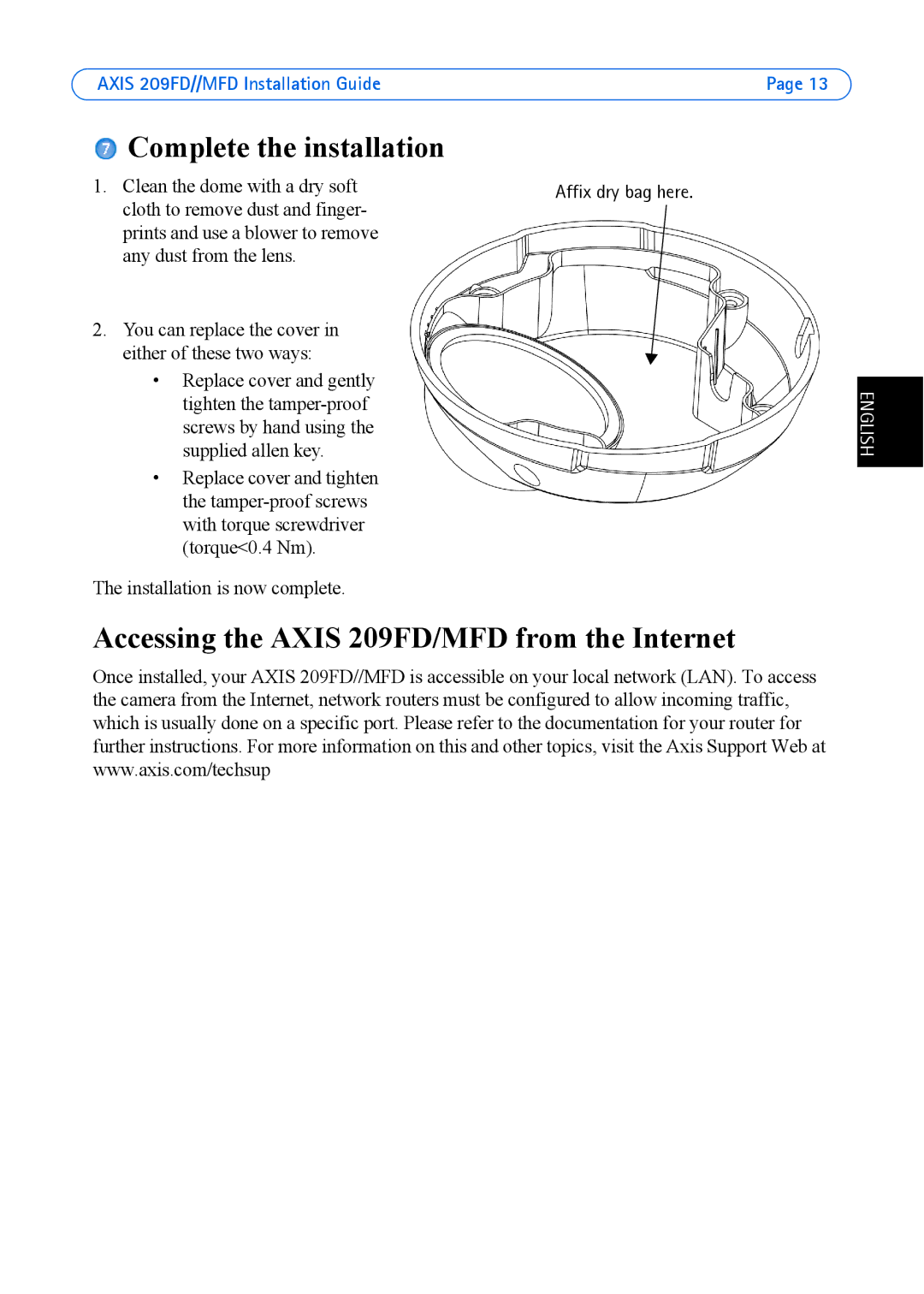 Axis Communications 209MFD manual Complete the installation, Accessing the Axis 209FD/MFD from the Internet 