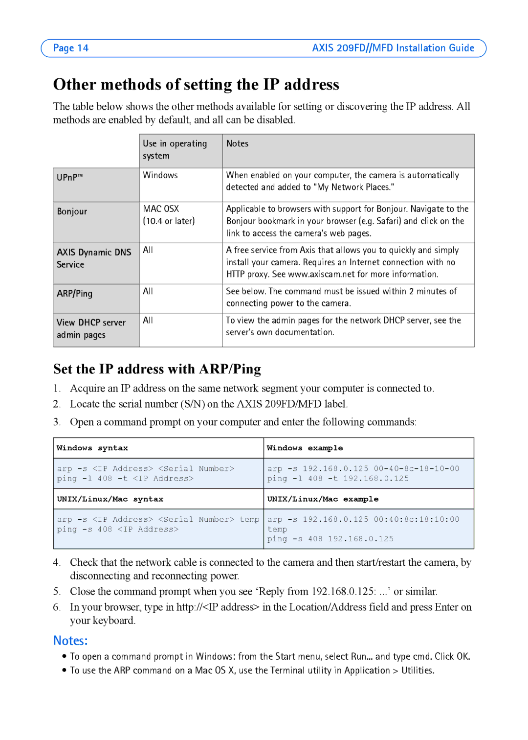 Axis Communications 209FD, 209MFD manual Other methods of setting the IP address, Set the IP address with ARP/Ping 