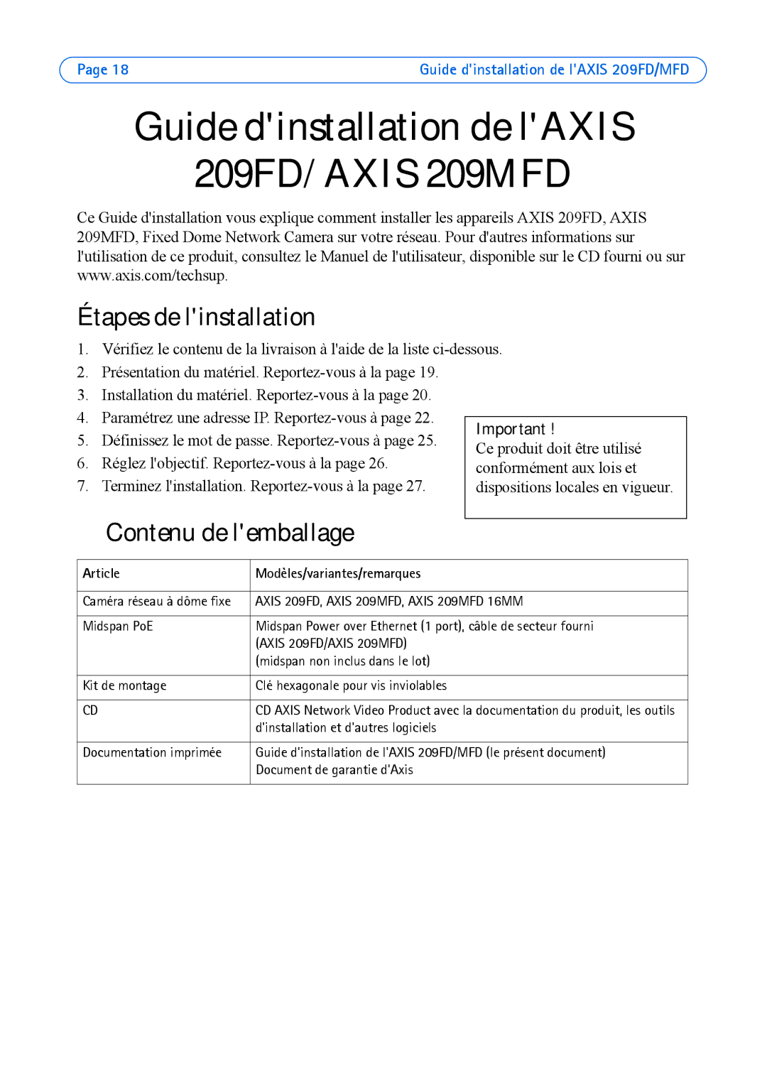 Axis Communications 209FD, 209MFD manual Étapes de linstallation, Contenu de lemballage, Article Modèles/variantes/remarques 