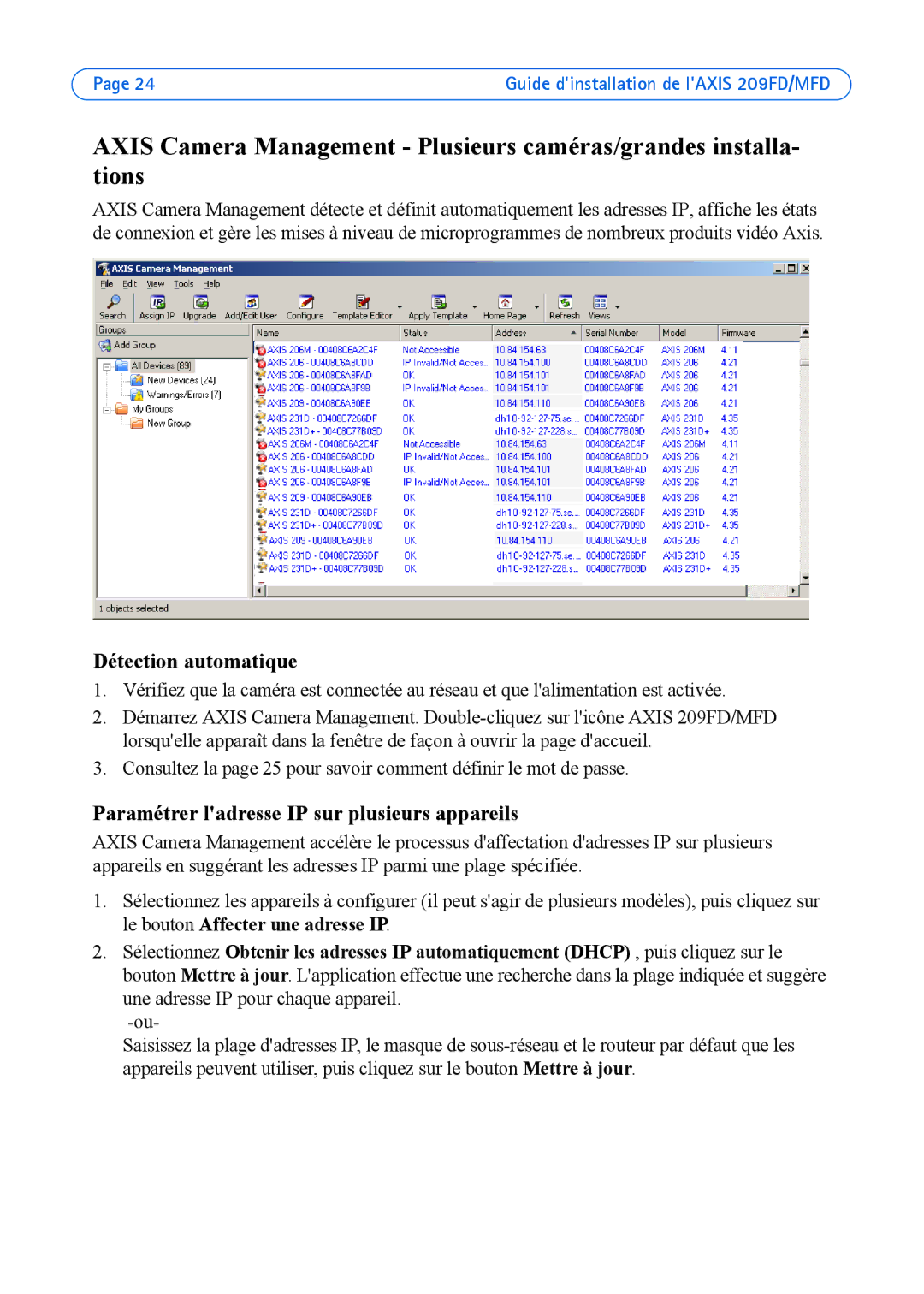 Axis Communications 209FD, 209MFD manual Paramétrer ladresse IP sur plusieurs appareils 