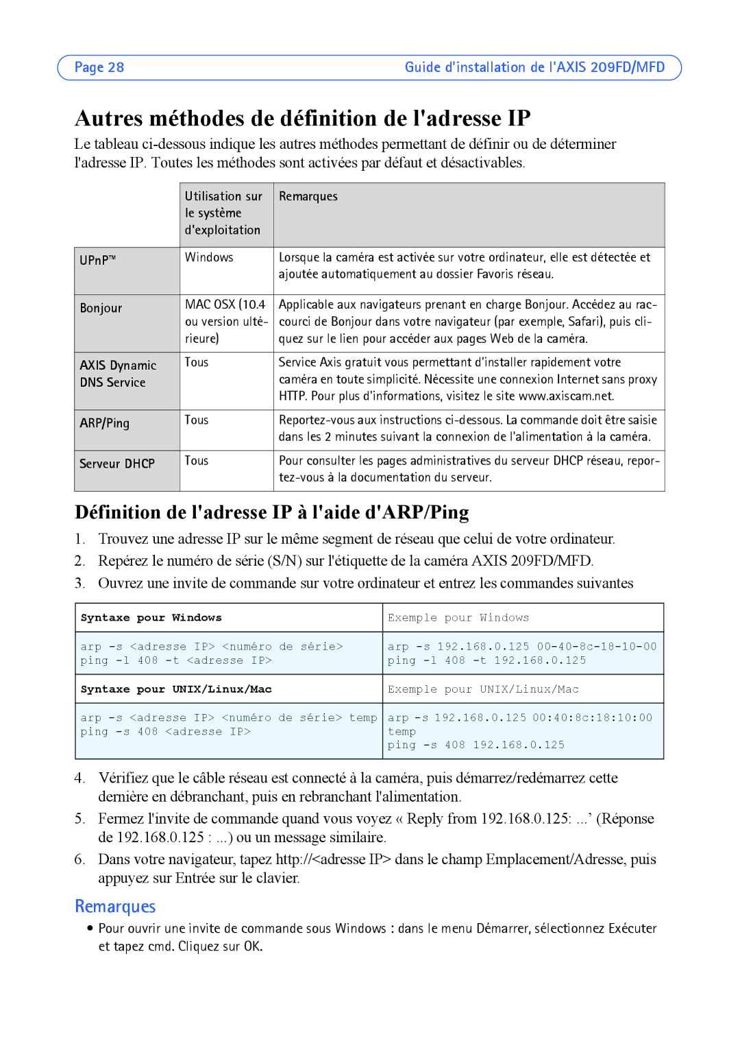 Axis Communications 209FD manual Autres méthodes de définition de ladresse IP, Définition de ladresse IP à laide dARP/Ping 