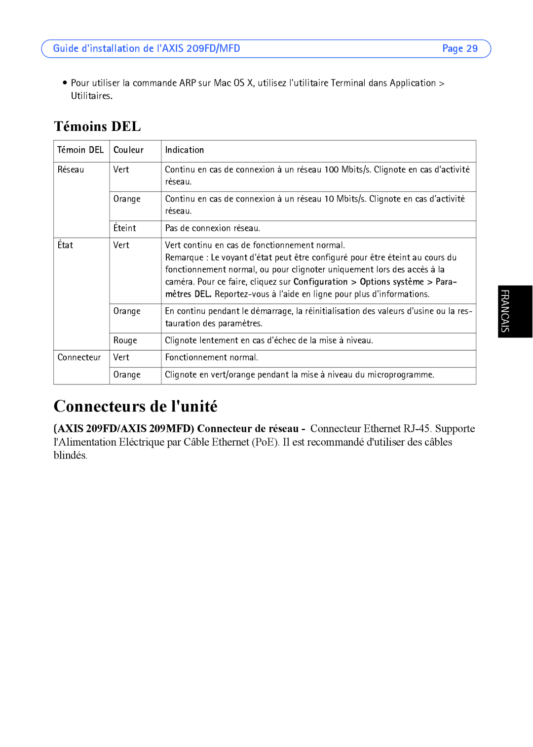 Axis Communications 209MFD, 209FD manual Connecteurs de lunité, Témoins DEL, Couleur Indication 