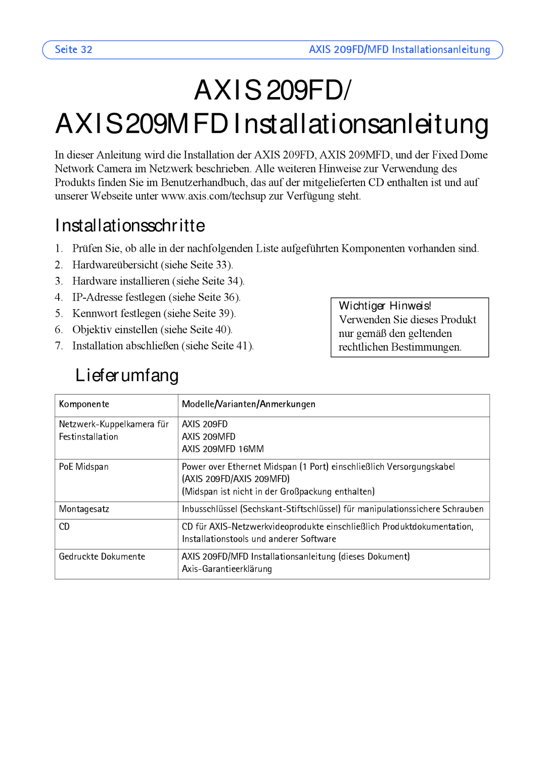 Axis Communications 209FD, 209MFD manual Installationsschritte, Lieferumfang, Komponente Modelle/Varianten/Anmerkungen 