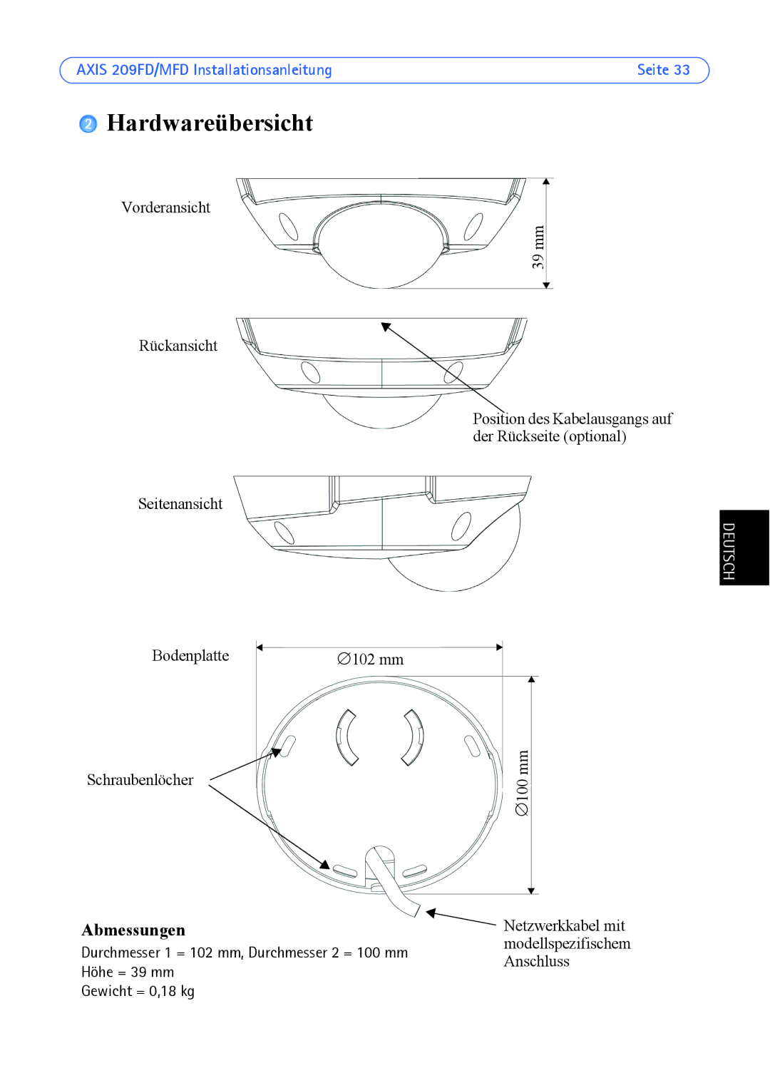 Axis Communications 209MFD, 209FD manual Hardwareübersicht, Abmessungen 