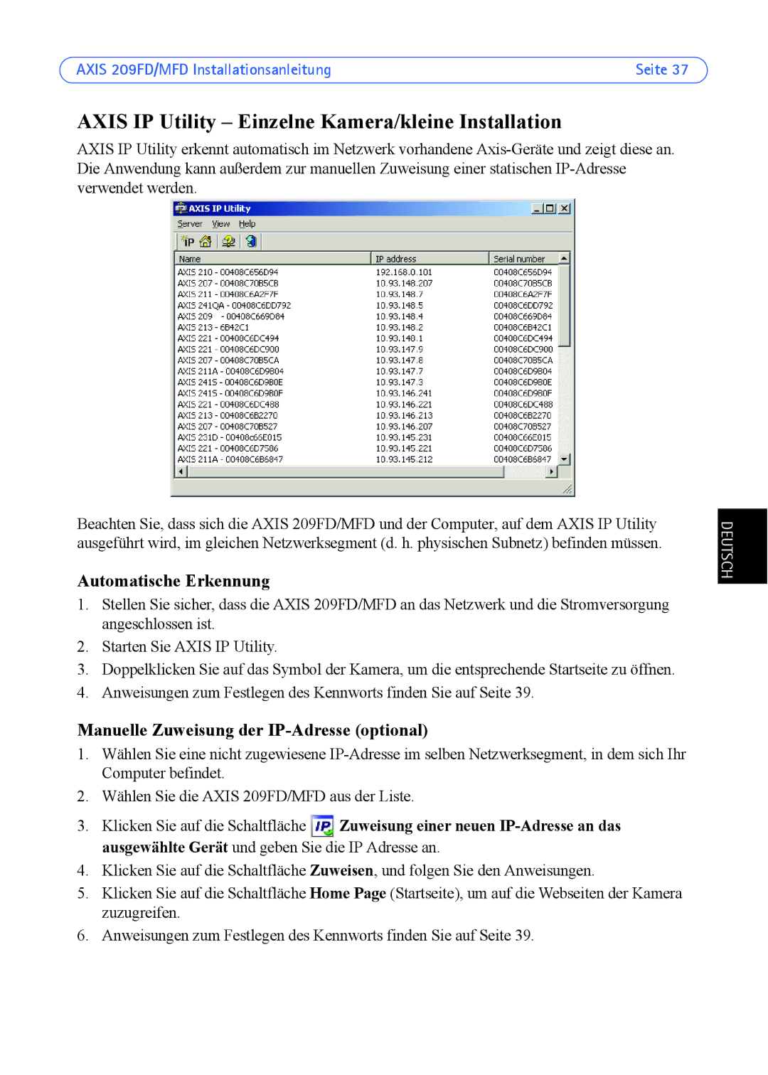 Axis Communications 209MFD, 209FD manual Axis IP Utility Einzelne Kamera/kleine Installation, Automatische Erkennung 