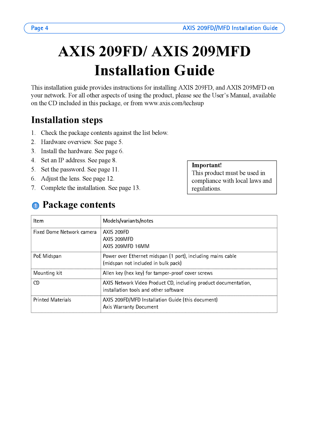 Axis Communications 209FD, 209MFD manual Installation steps, Package contents 