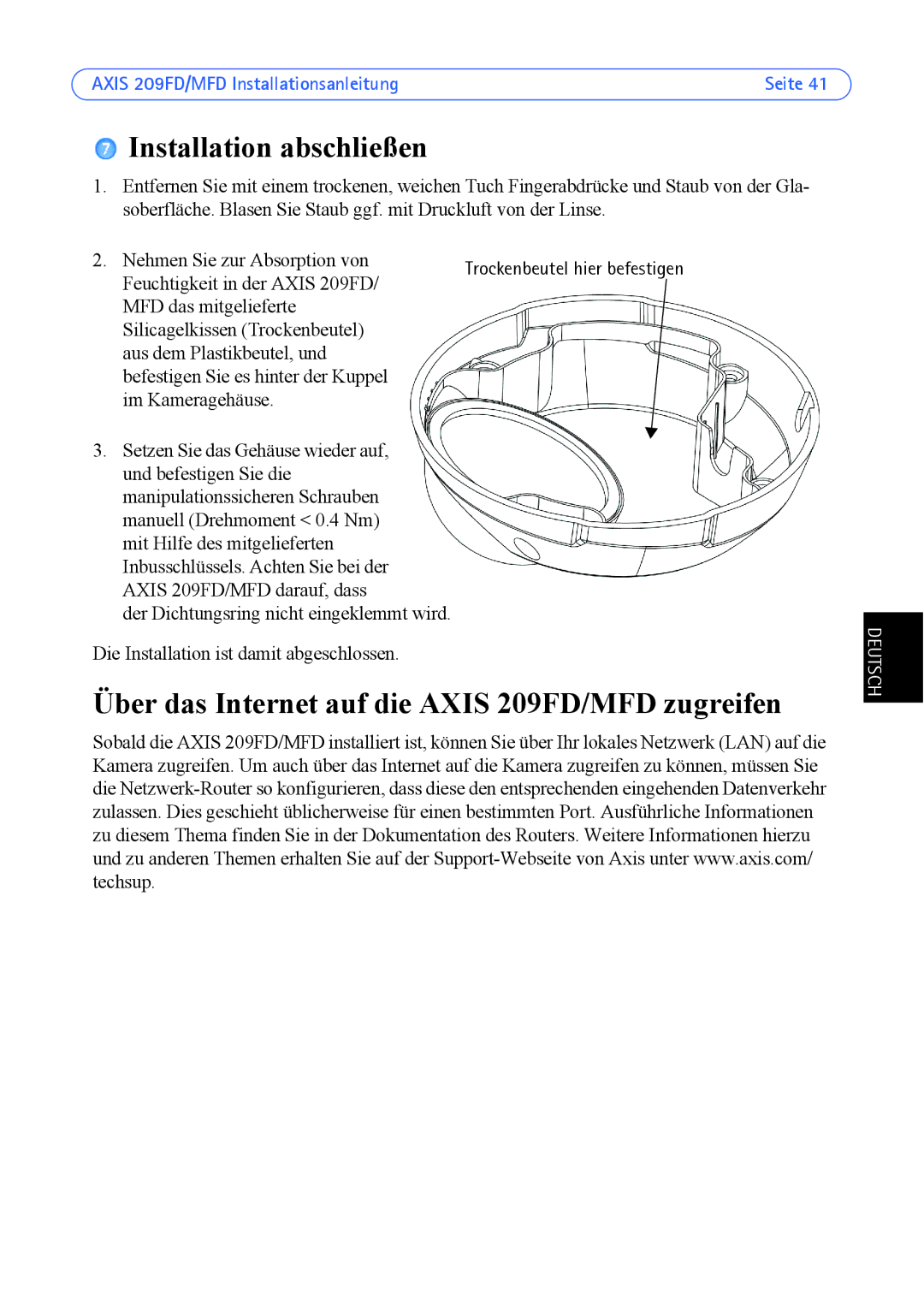 Axis Communications 209MFD manual Installation abschließen, Über das Internet auf die Axis 209FD/MFD zugreifen 