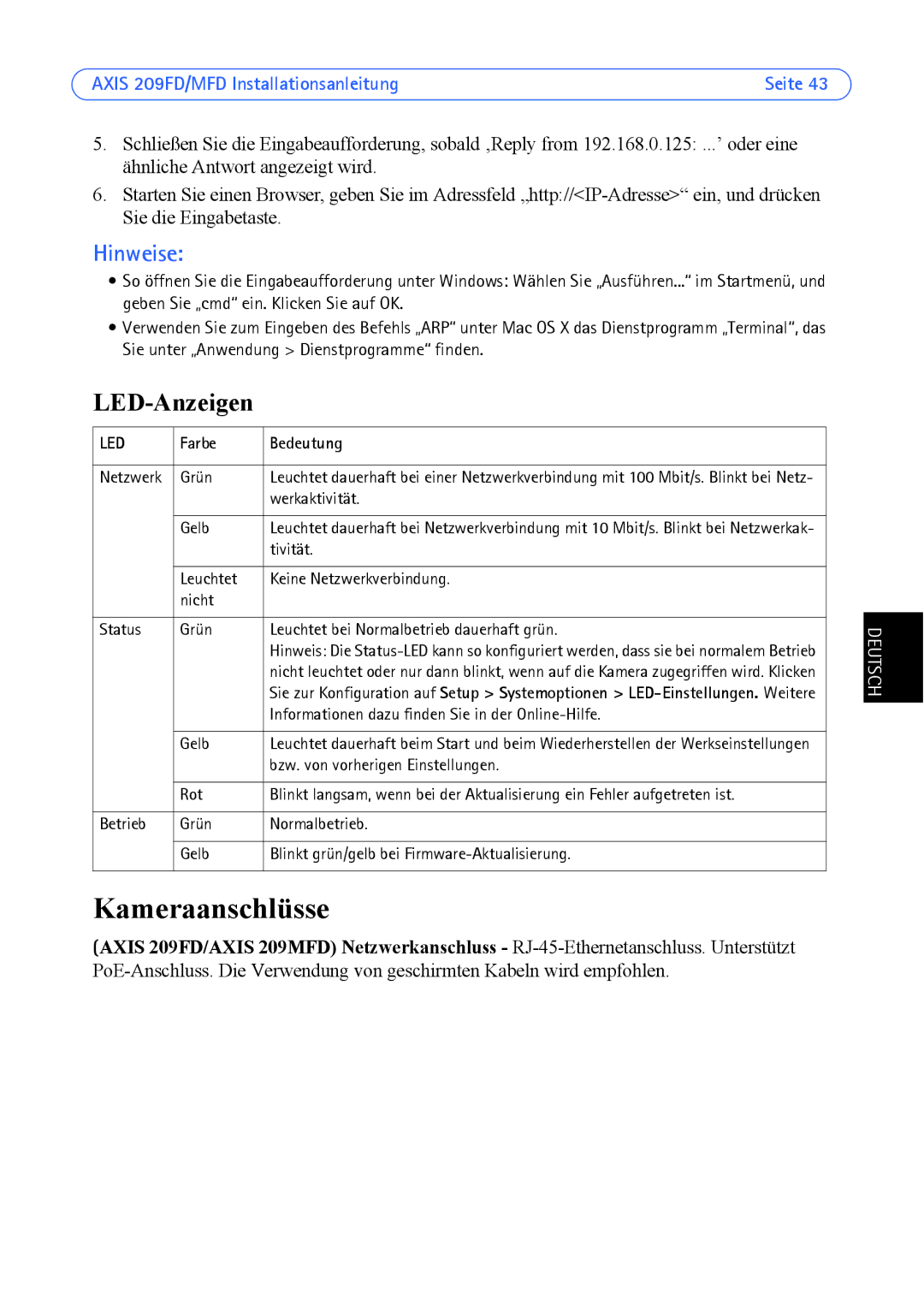 Axis Communications 209MFD, 209FD manual Kameraanschlüsse, LED-Anzeigen, Farbe Bedeutung 