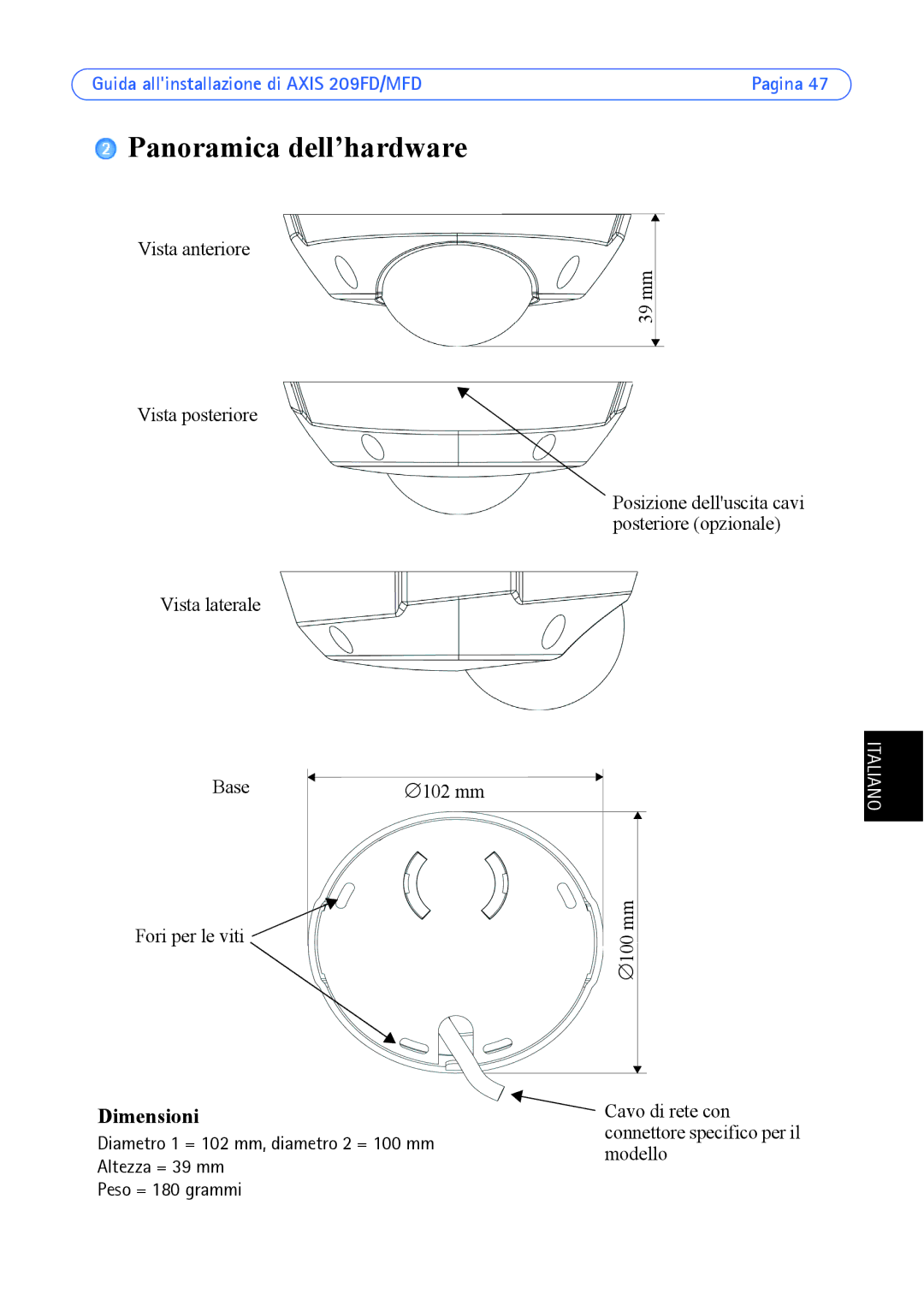 Axis Communications 209MFD, 209FD manual Panoramica dell’hardware, Dimensioni 