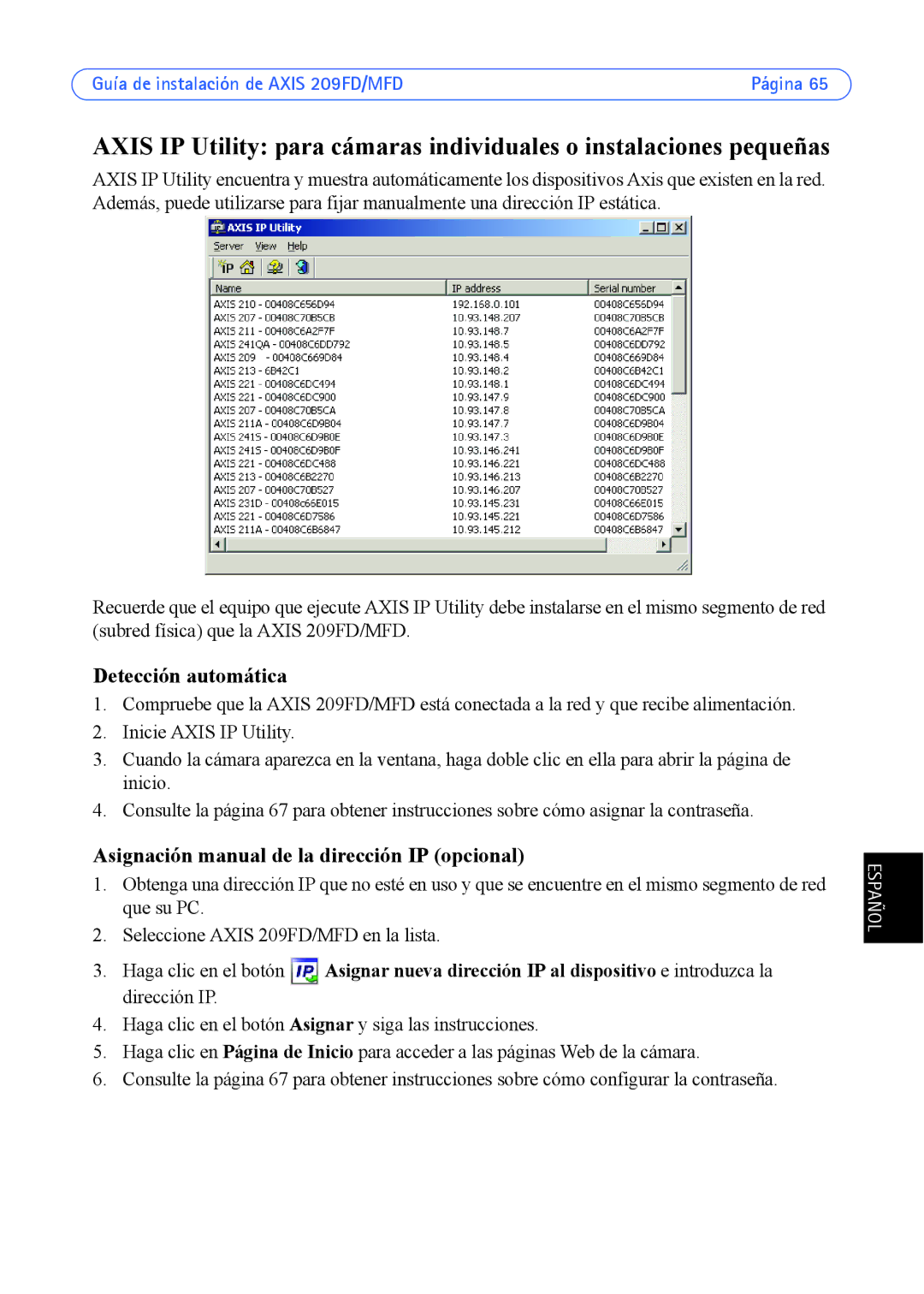 Axis Communications 209MFD, 209FD Detección automática, Asignación manual de la dirección IP opcional 