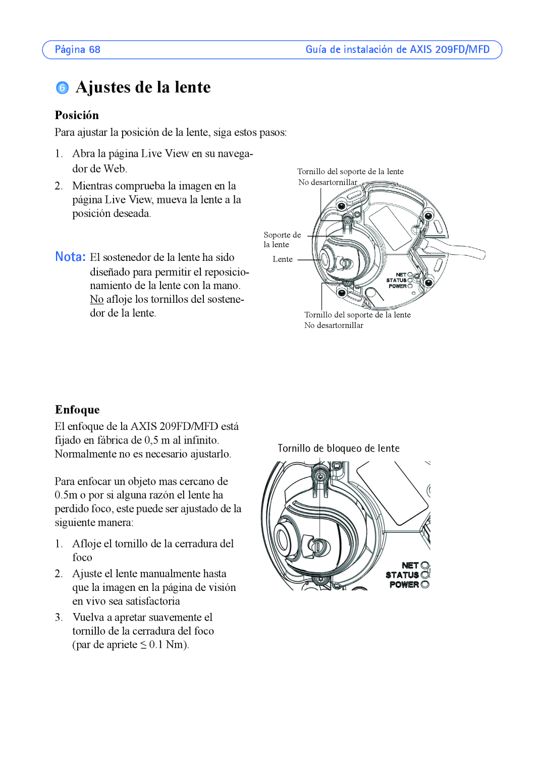 Axis Communications 209FD, 209MFD manual Ajustes de la lente, Posición, Enfoque 