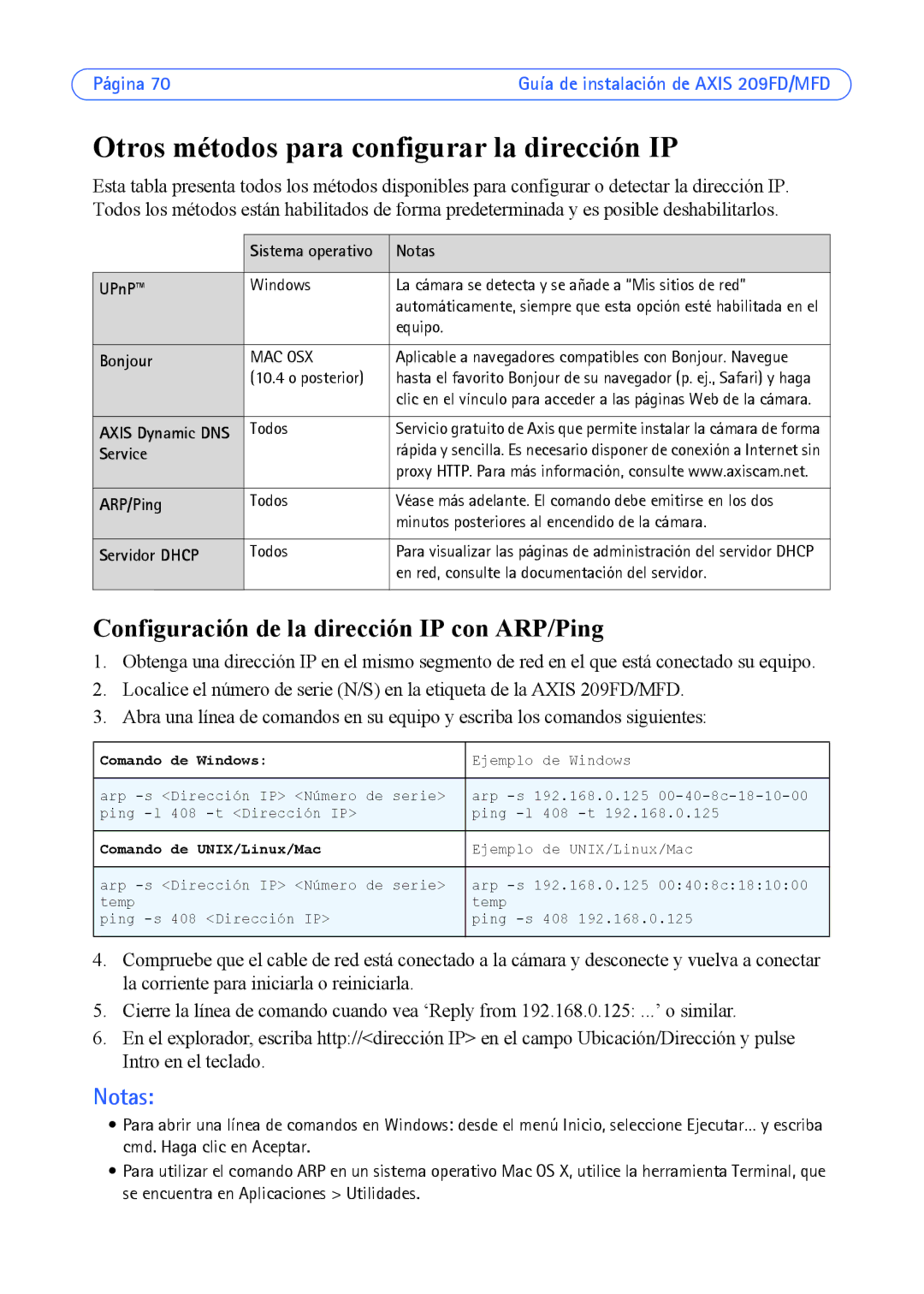 Axis Communications 209FD Otros métodos para configurar la dirección IP, Configuración de la dirección IP con ARP/Ping 