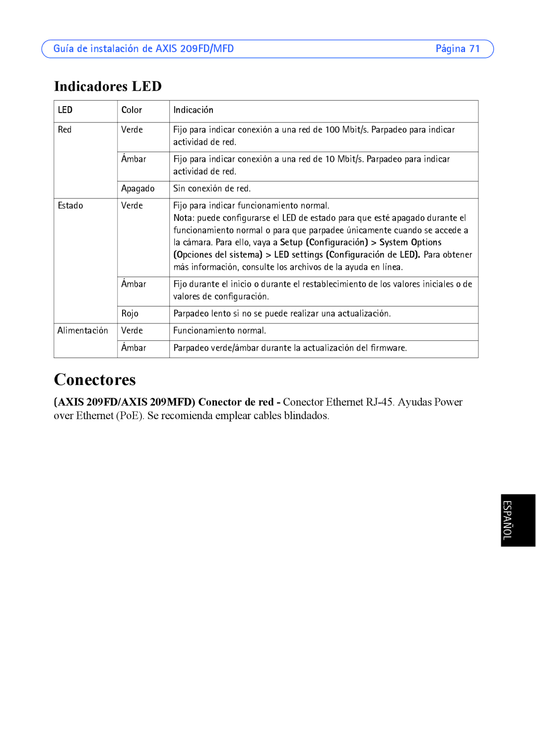 Axis Communications 209MFD, 209FD manual Conectores, Indicadores LED, Color Indicación 