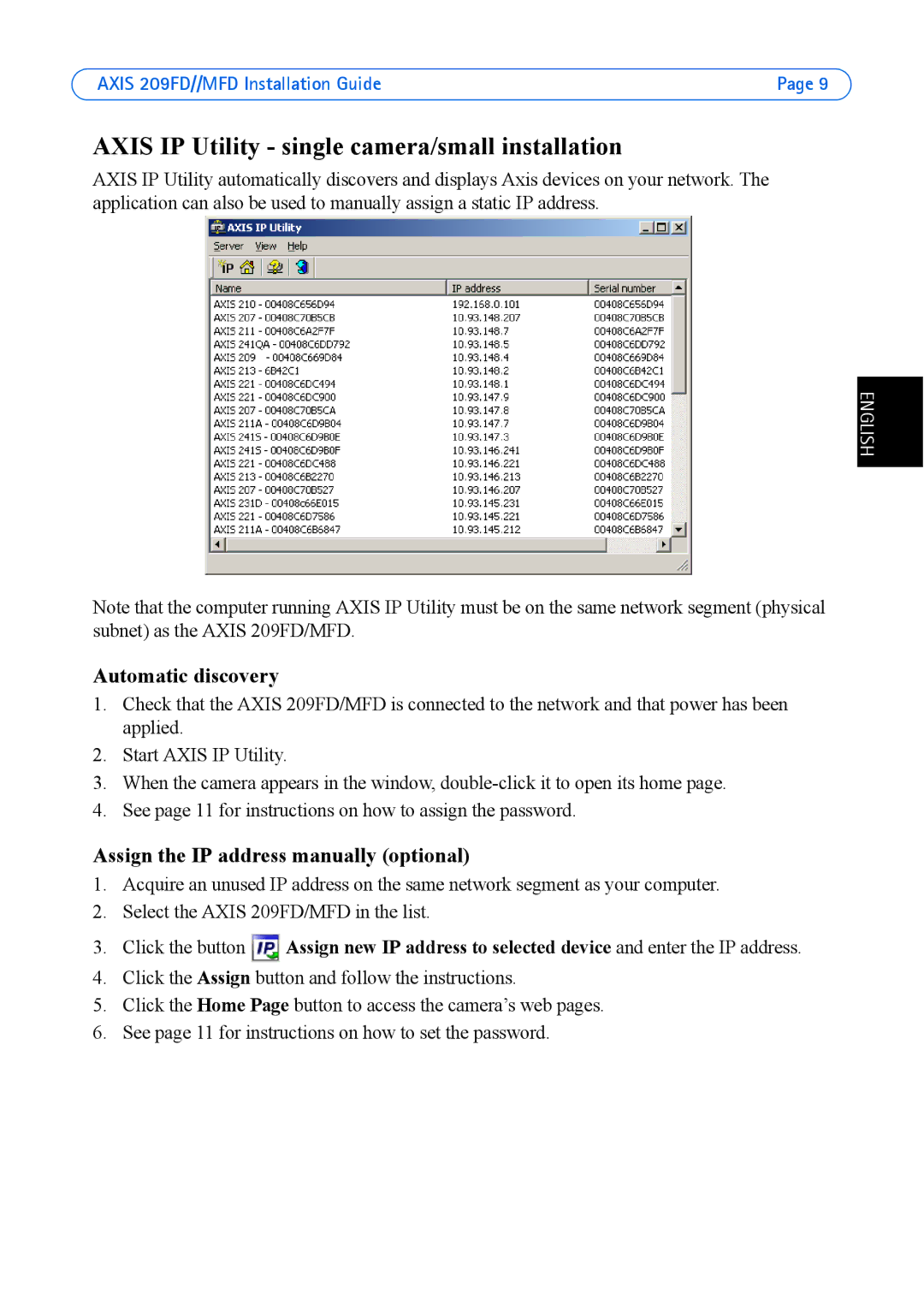 Axis Communications 209MFD, 209FD manual Axis IP Utility single camera/small installation, Automatic discovery 