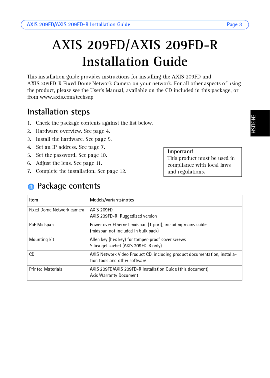 Axis Communications 209FD/FD-R manual Installation steps, Package contents 