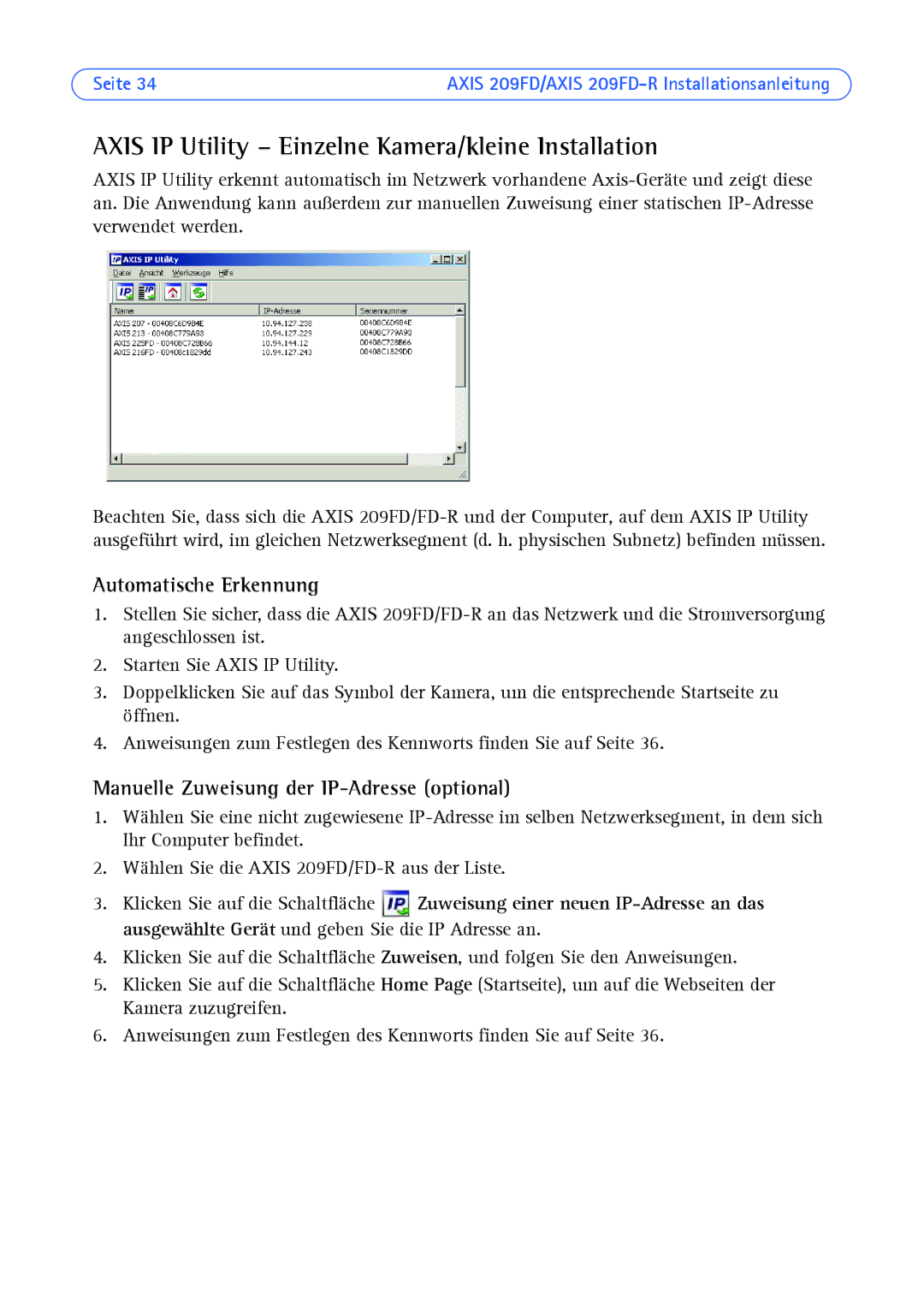 Axis Communications 209FD/FD-R manual Axis IP Utility Einzelne Kamera/kleine Installation, Automatische Erkennung 