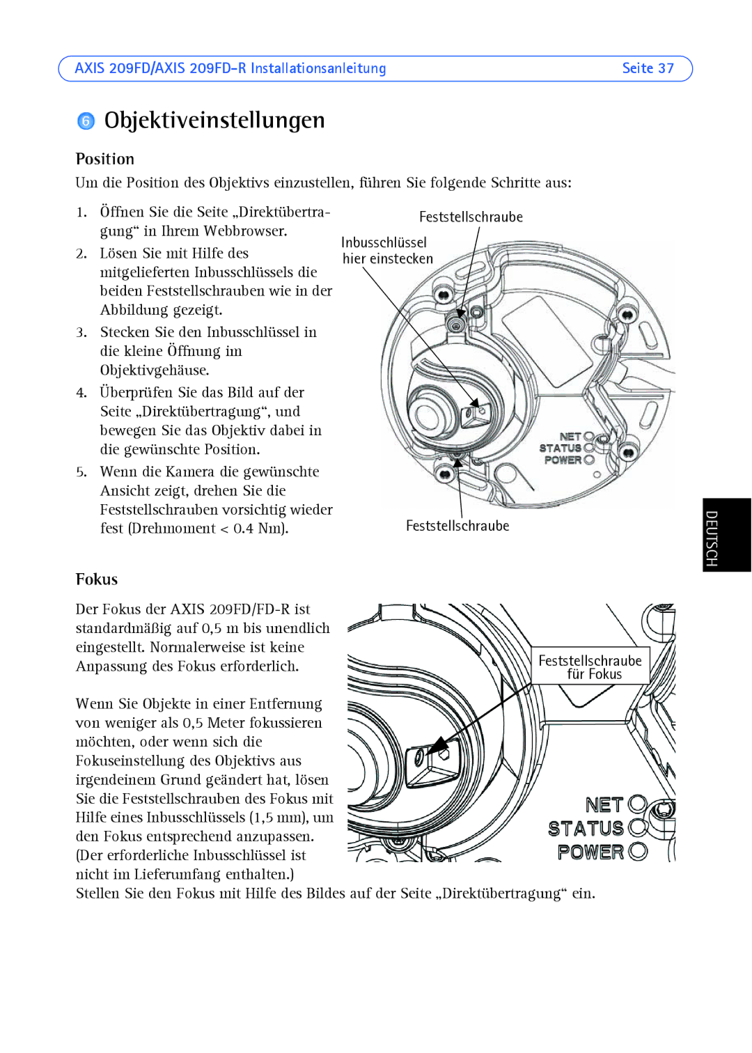 Axis Communications 209FD/FD-R manual Objektiveinstellungen, Fokus 