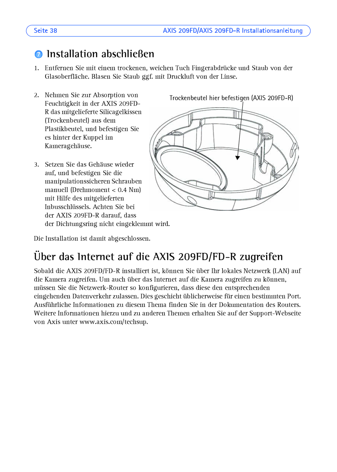 Axis Communications manual Installation abschließen, Über das Internet auf die Axis 209FD/FD-R zugreifen 