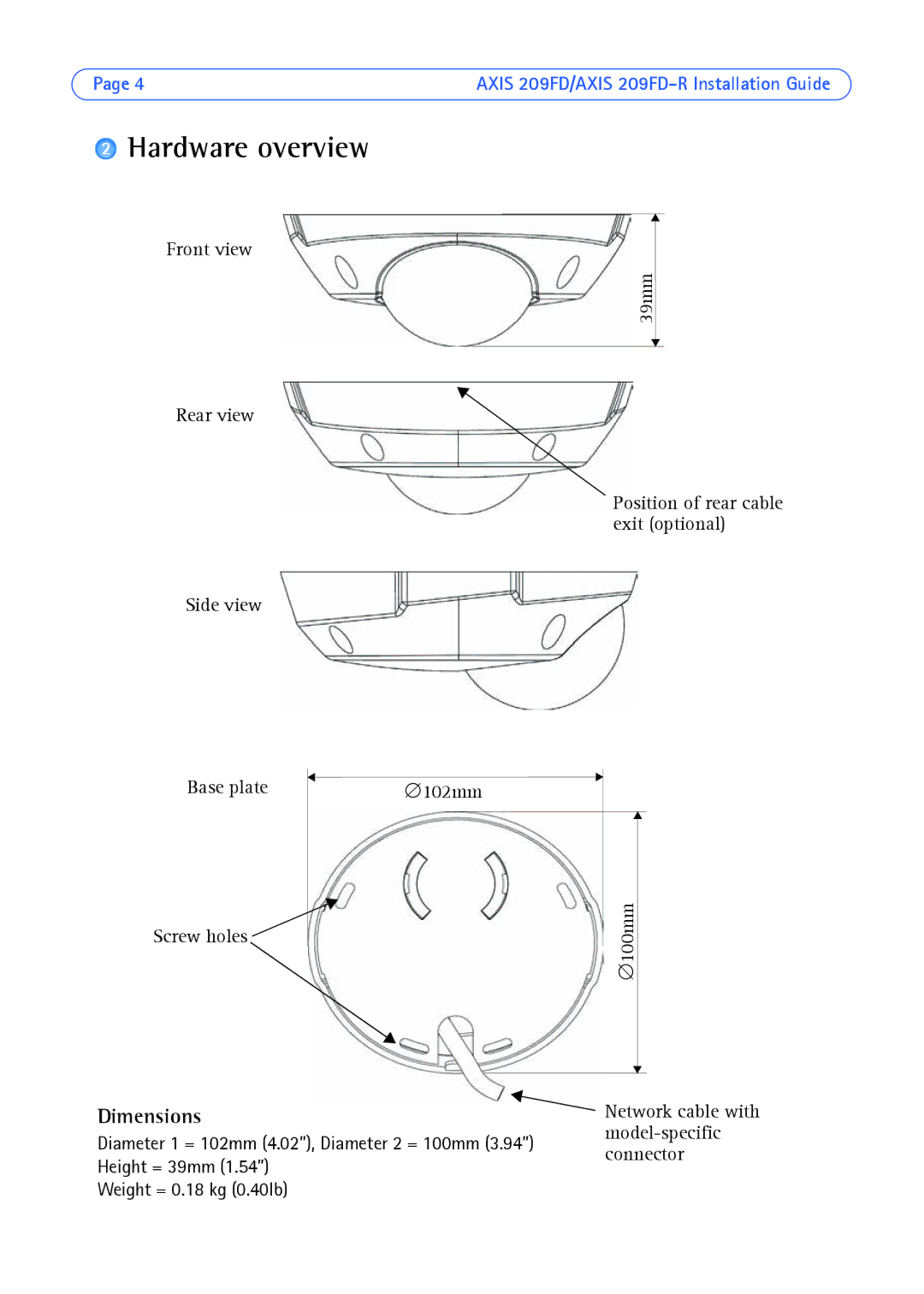 Axis Communications 209FD/FD-R manual Hardware overview, Dimensions 