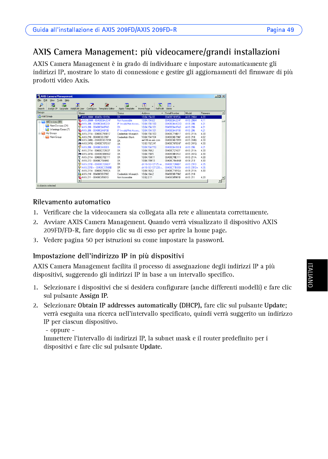 Axis Communications 209FD/FD-R manual Axis Camera Management più videocamere/grandi installazioni 