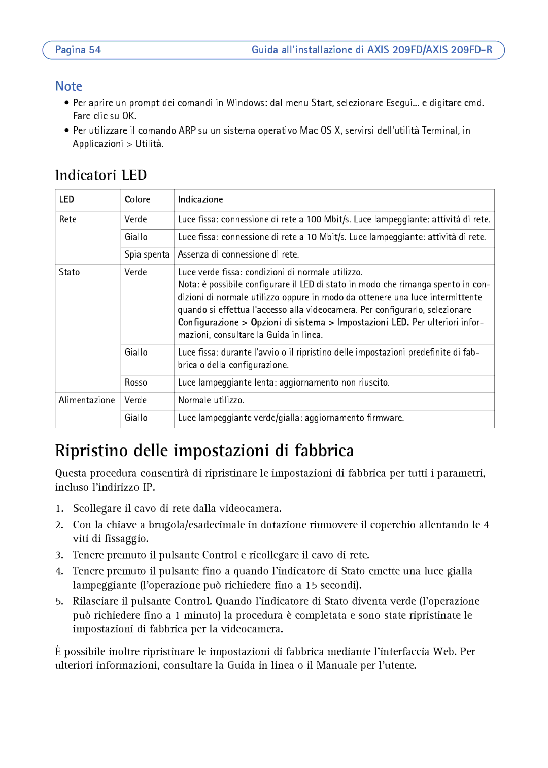 Axis Communications 209FD/FD-R manual Ripristino delle impostazioni di fabbrica, Indicatori LED, Colore Indicazione 