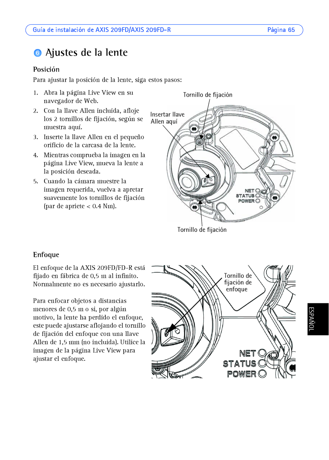 Axis Communications 209FD/FD-R manual Ajustes de la lente, Posición, Enfoque 