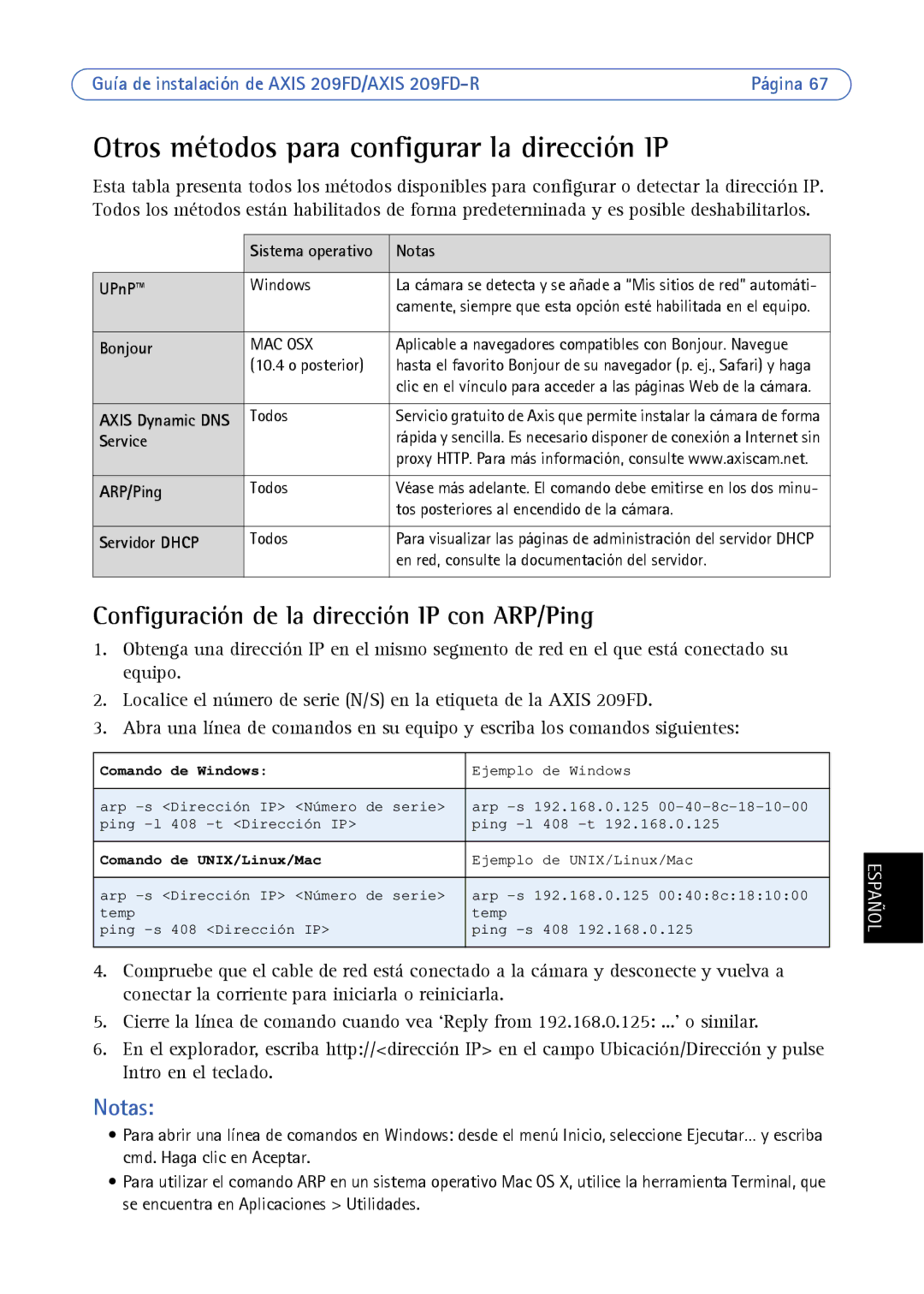 Axis Communications 209FD/FD-R manual Otros métodos para configurar la dirección IP, Notas, Servidor Dhcp 