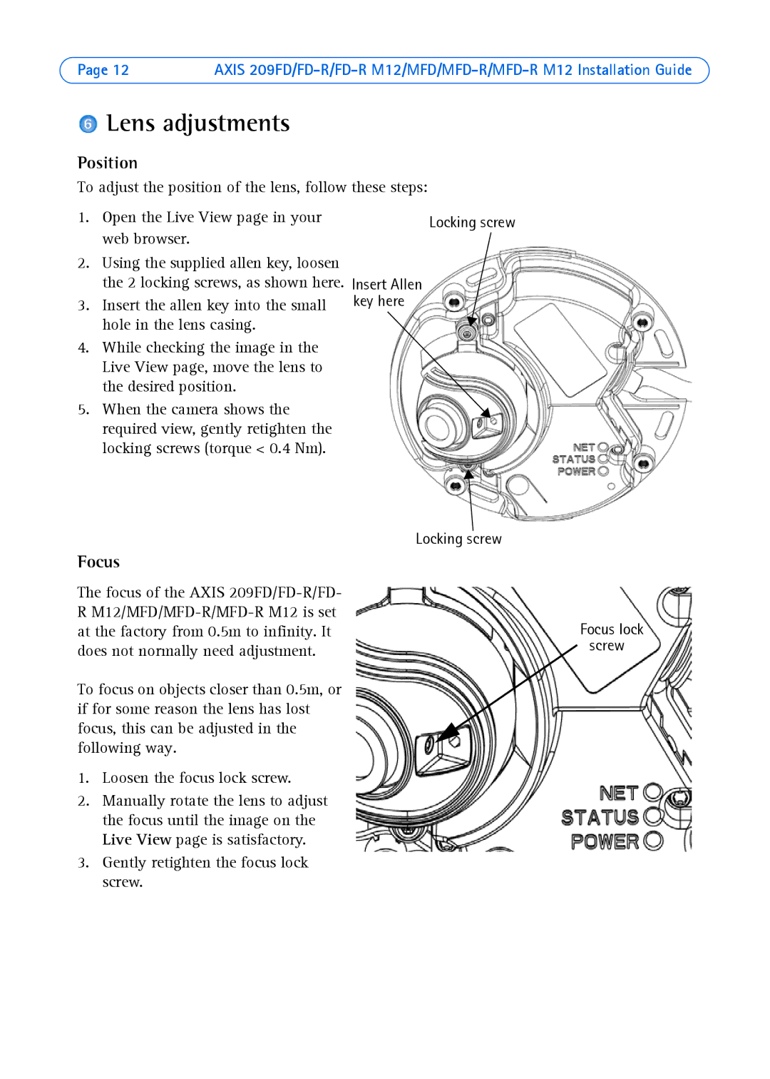 Axis Communications 209 MFD-R M12, 209MFD, 209FD-R, 209 FD-R M12 manual Lens adjustments, Position, Focus 