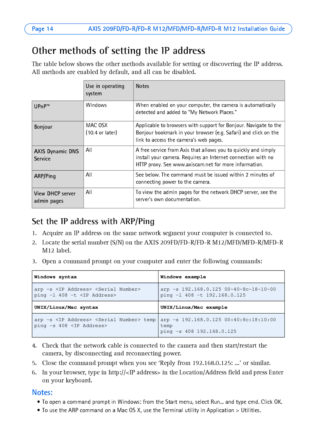 Axis Communications 209 MFD-R, 209MFD, 209FD-R Other methods of setting the IP address, Set the IP address with ARP/Ping 