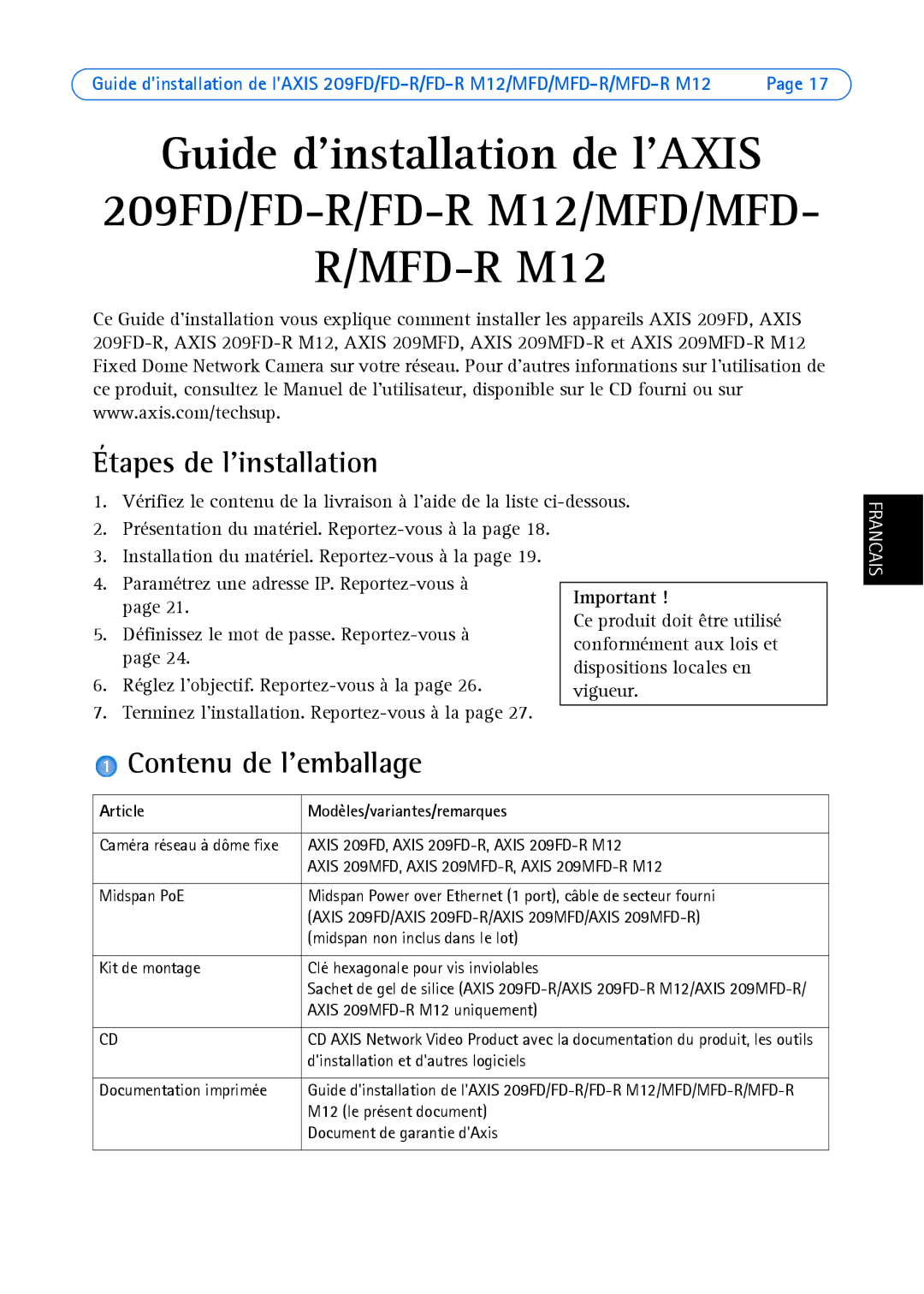 Axis Communications 209 MFD-R M12 Étapes de linstallation, Contenu de lemballage, Article Modèles/variantes/remarques 