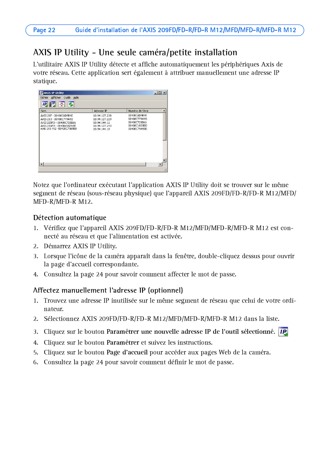 Axis Communications 209 MFD-R M12, 209MFD manual Axis IP Utility Une seule caméra/petite installation, Détection automatique 