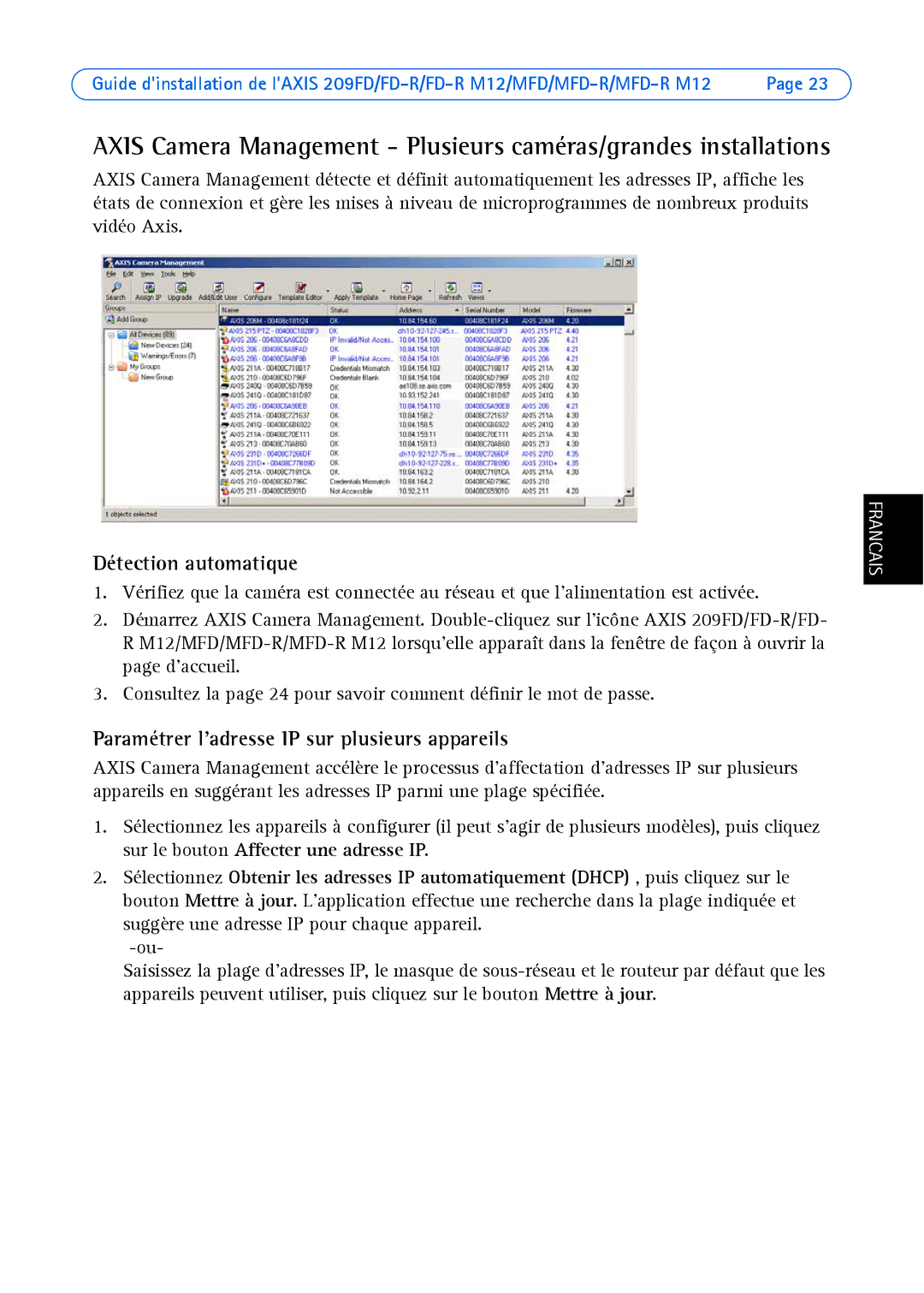 Axis Communications 209 FD-R M12, 209MFD, 209FD-R, 209 MFD-R M12 manual Paramétrer ladresse IP sur plusieurs appareils 