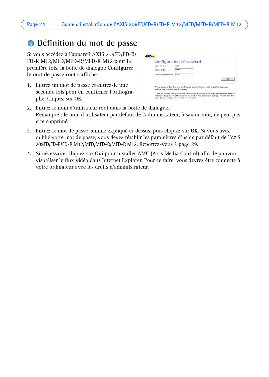 Axis Communications 209MFD, 209FD-R, 209 MFD-R M12, 209 FD-R M12 manual Définition du mot de passe 