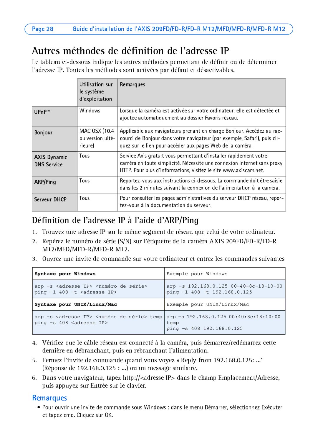 Axis Communications 209 FD-R M12 Autres méthodes de définition de ladresse IP, Définition de ladresse IP à laide dARP/Ping 