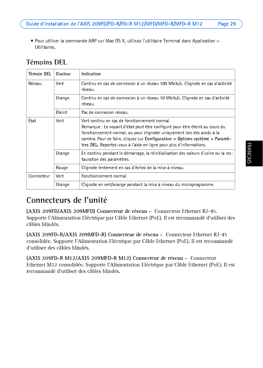 Axis Communications 209MFD, 209FD-R, 209 MFD-R M12, 209 FD-R M12 Connecteurs de lunité, Témoins DEL, Couleur Indication 