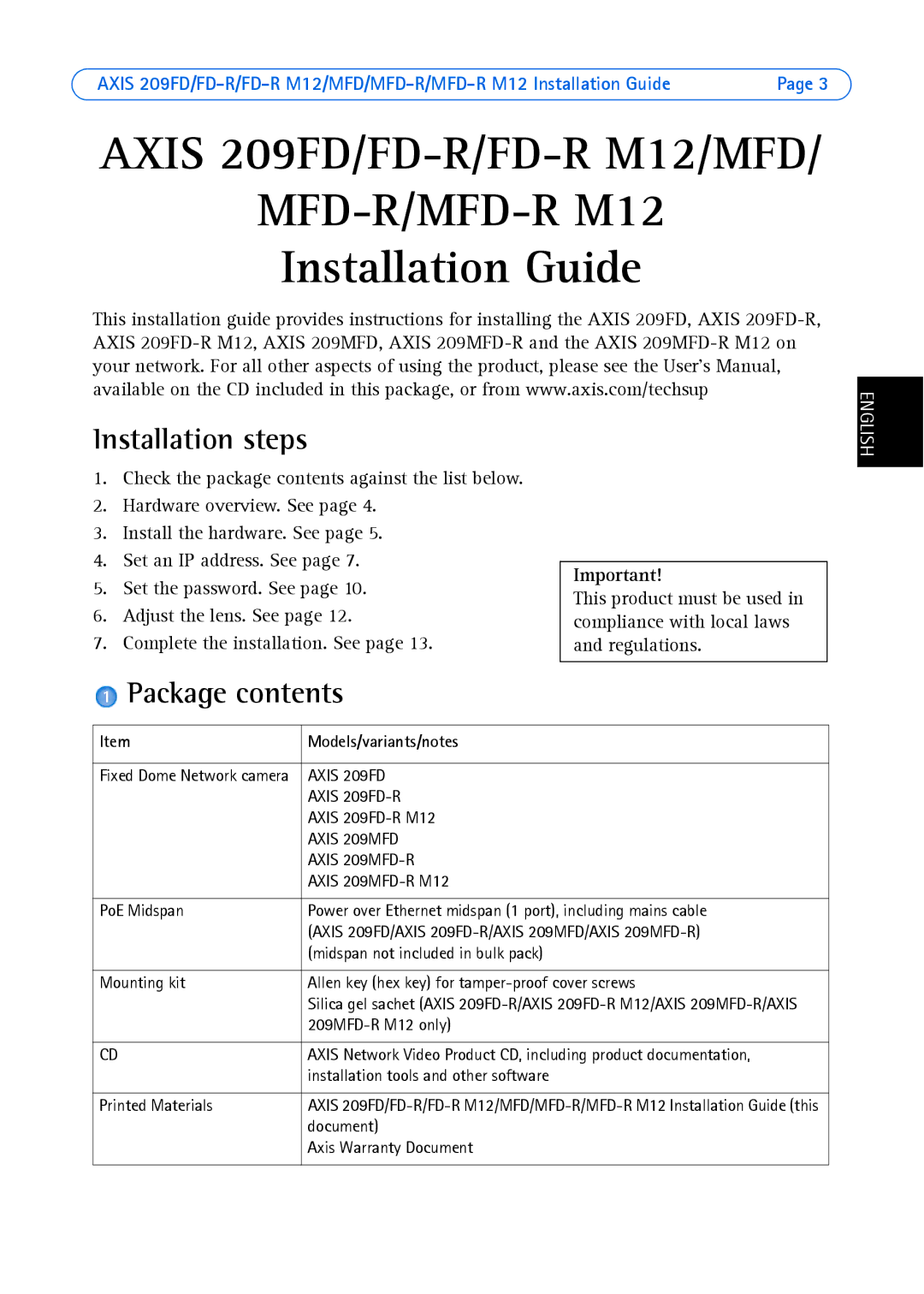 Axis Communications 209 FD-R M12, 209MFD, 209FD-R, 209 MFD-R M12 manual Installation steps, Package contents 