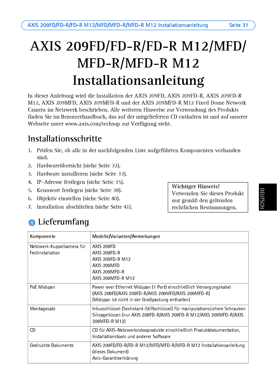 Axis Communications 209FD-R, 209MFD manual Installationsschritte, Lieferumfang, Komponente Modelle/Varianten/Anmerkungen 