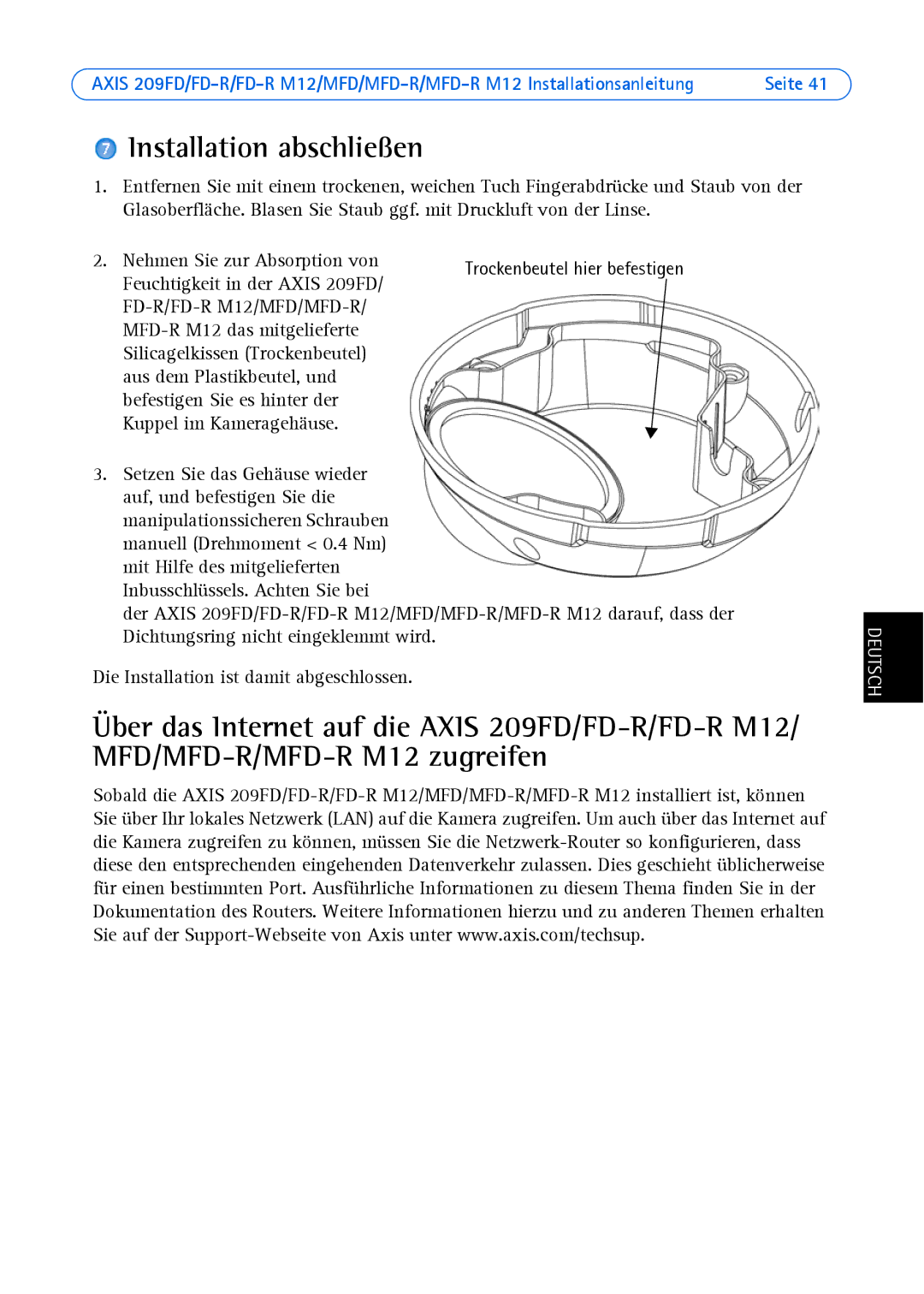 Axis Communications 209FD-R, 209MFD, 209 MFD-R M12, 209 FD-R M12 manual Installation abschließen, FD-R/FD-R M12/MFD/MFD-R 